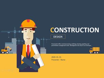 Vector cartoon European and American style construction company employees year-end work report ppt template